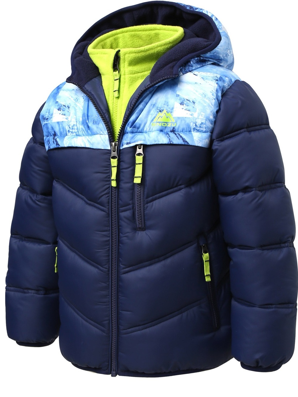 Snozu Boys 3-in-1 Puffer Jacket Fleece Liner Navy Blue Lime 2T Ski Winter